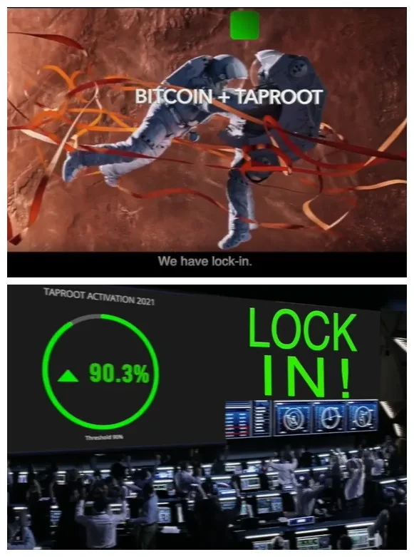 比特币爱好者制作的庆祝taproot升级方案“锁定”的视频截图,来源taproot.watch