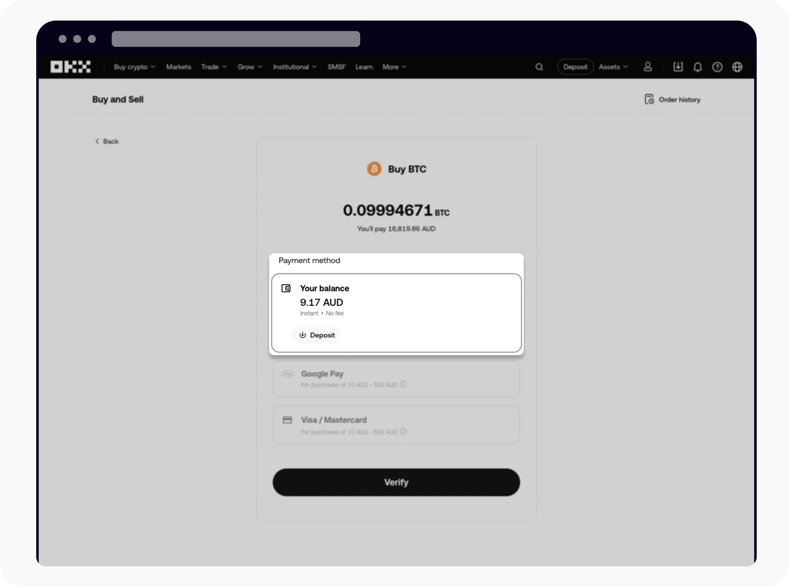 Select AUD balance to buy/sell crypto on OKX web
