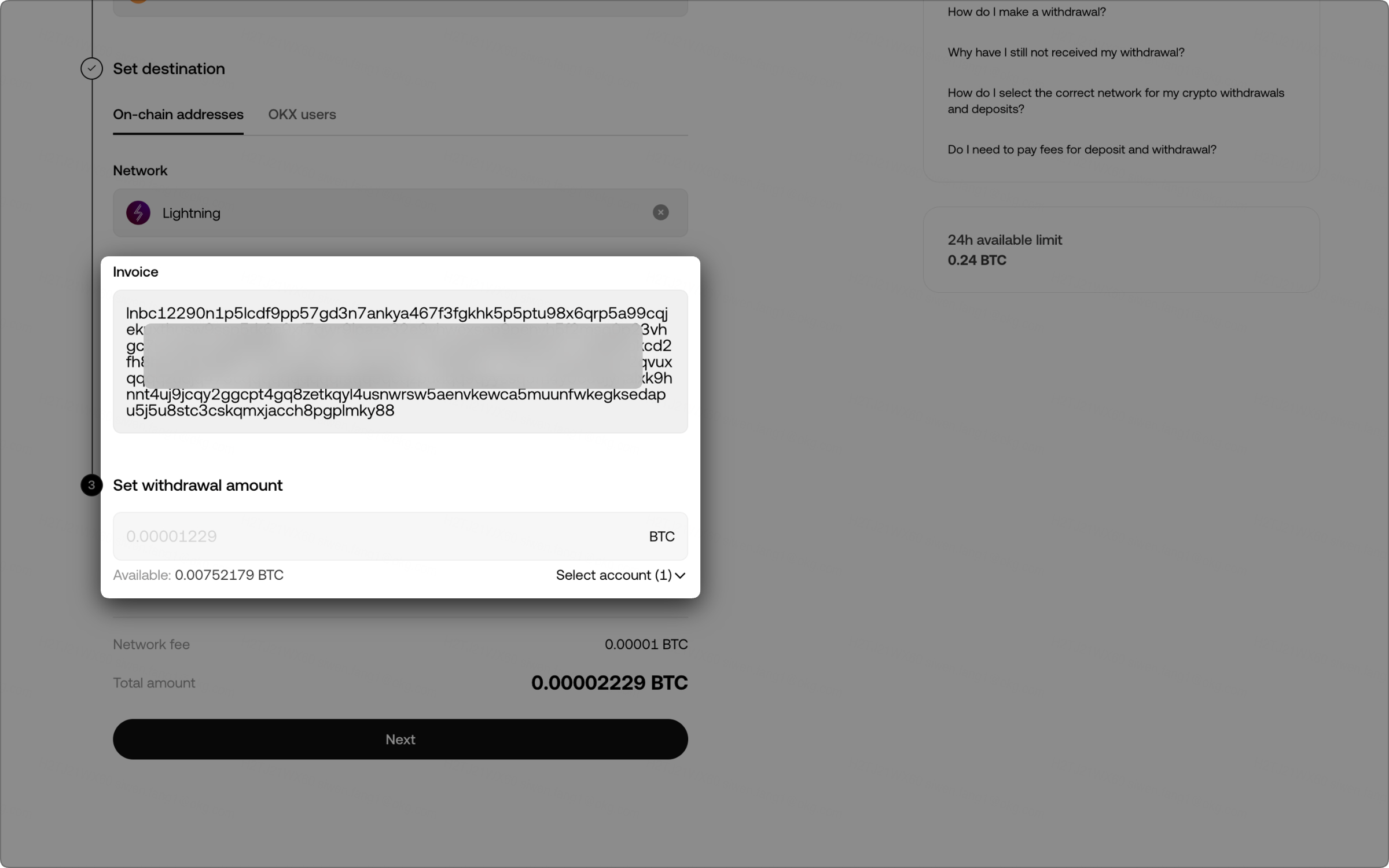 Web withdrawal details