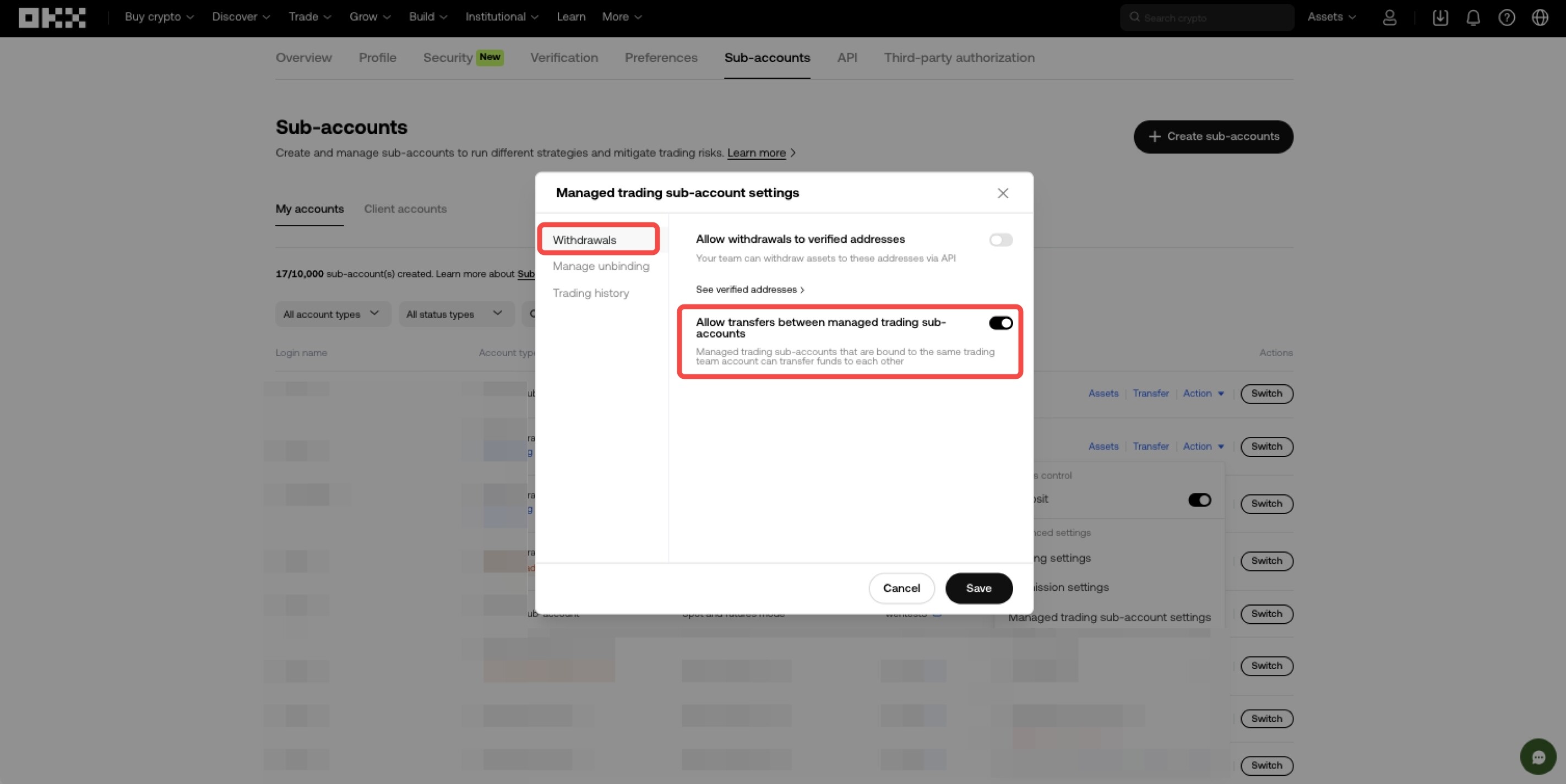 MSA settings Transfers