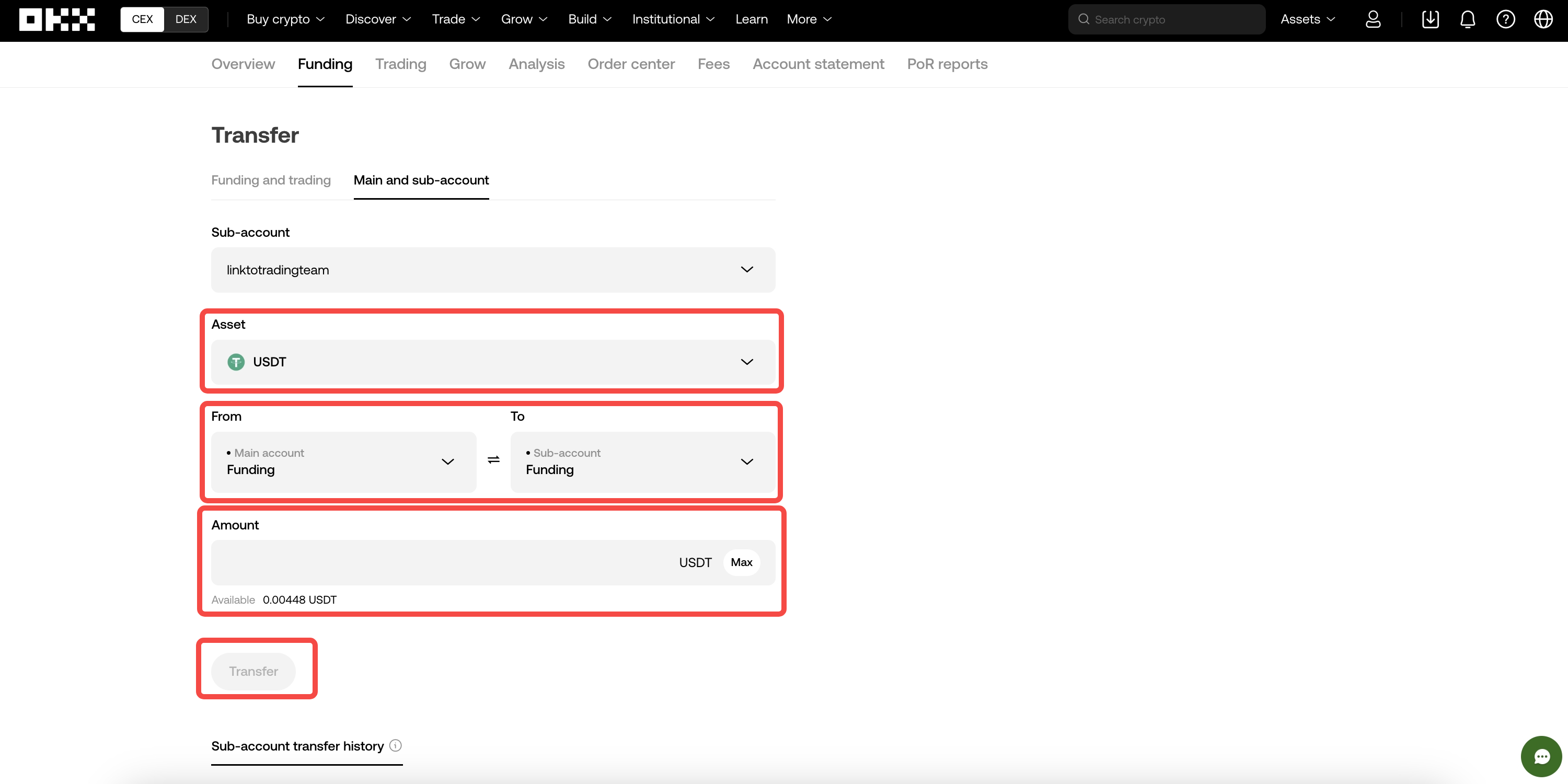 Sub-account transfer page