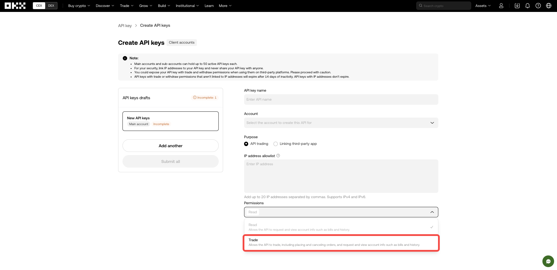 Create API keys - Trade Permission