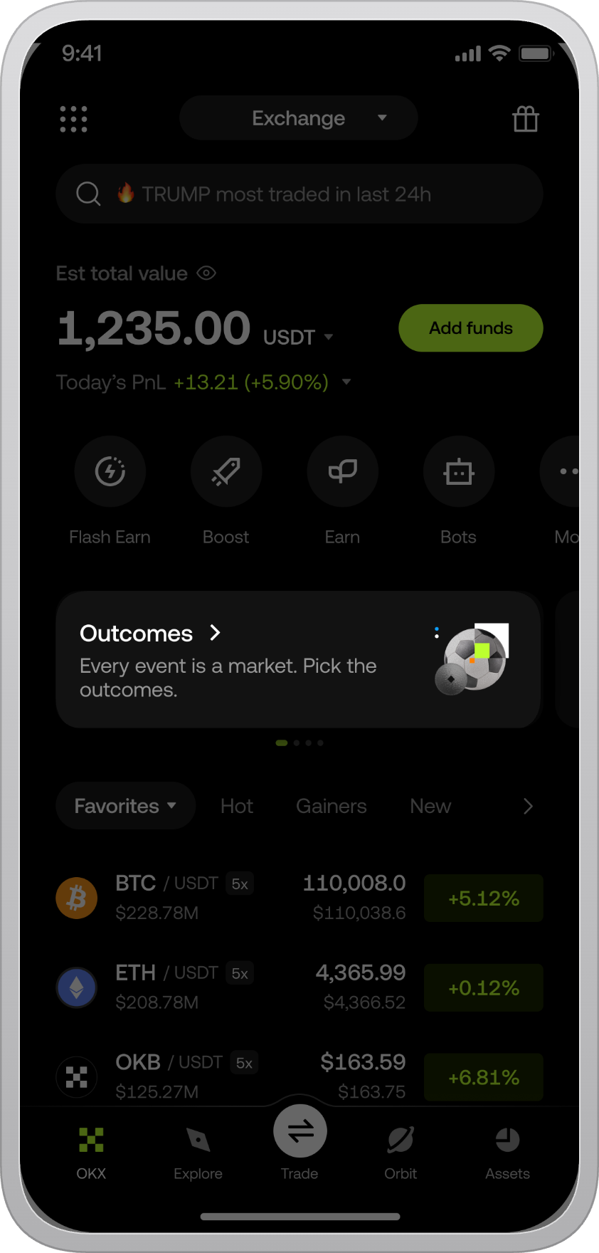 OKX App home page with Outcomes feature