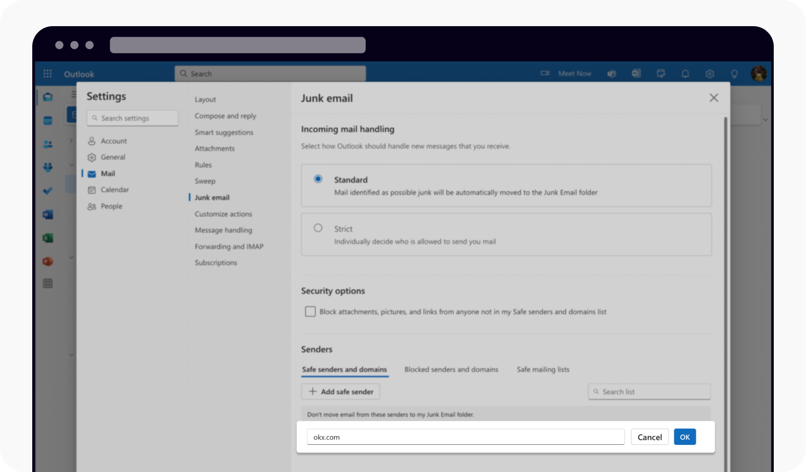 Whitelist okx200.com on Outlook