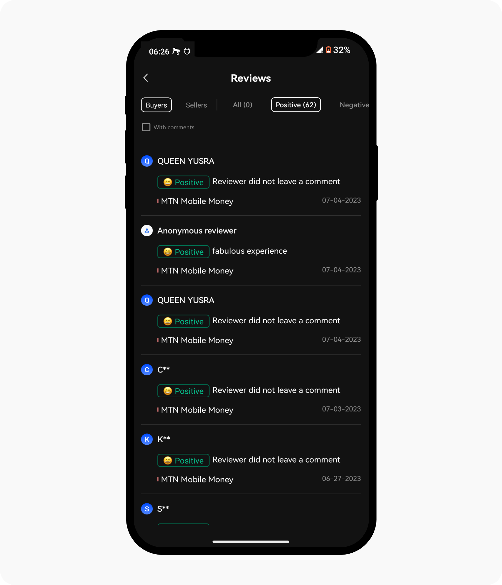 CT-app-P2P-Reviews page on OKX App