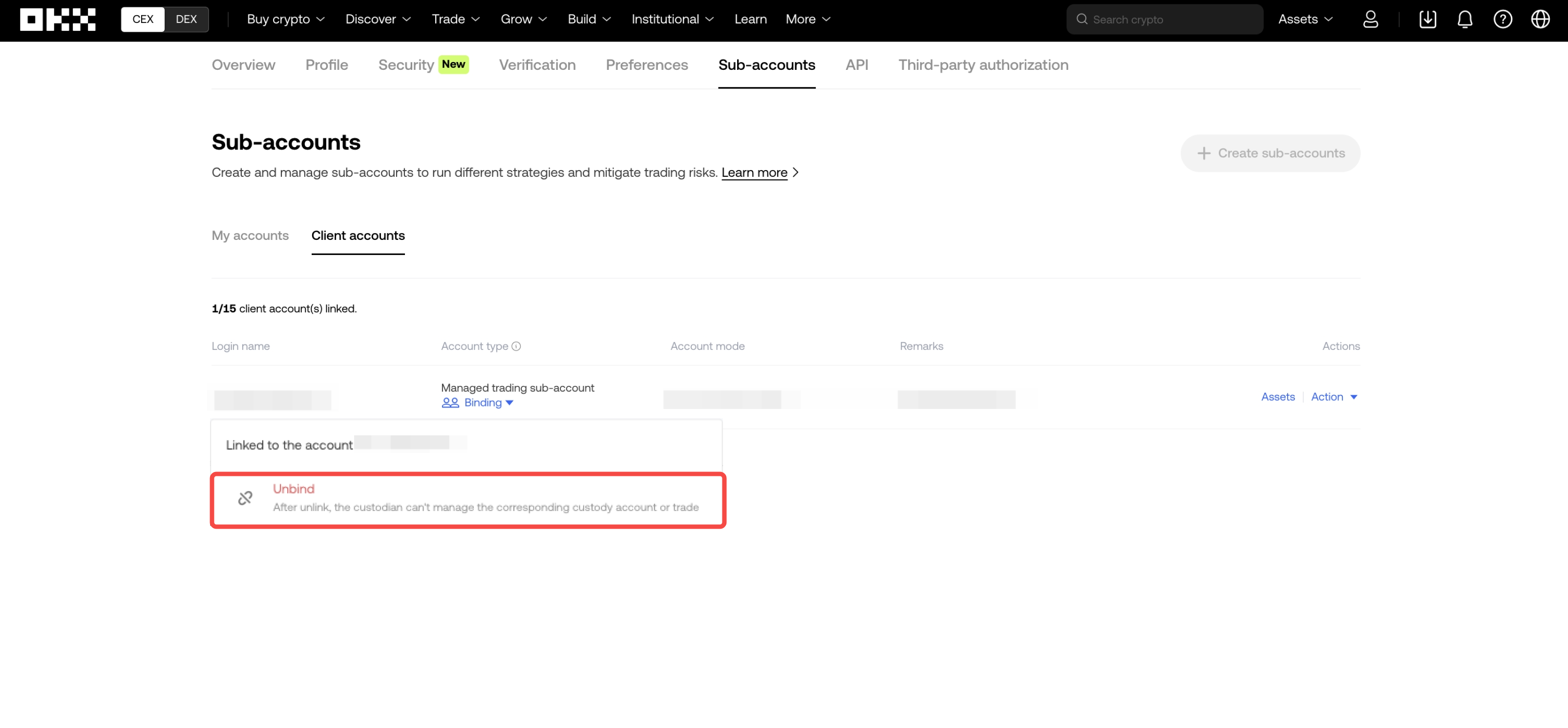 Client accounts - unbind