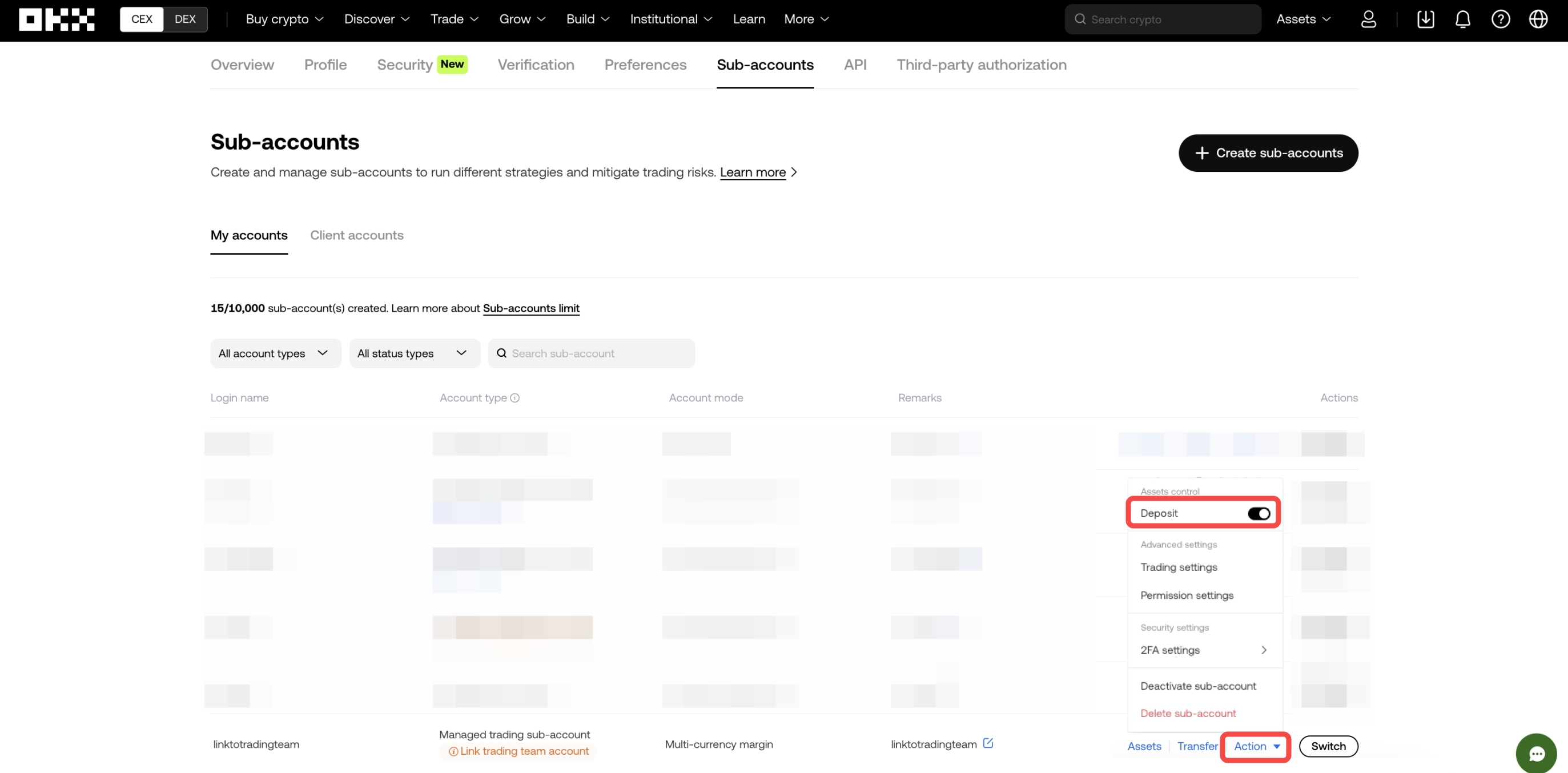 Sub-accounts - Actions - Deposits