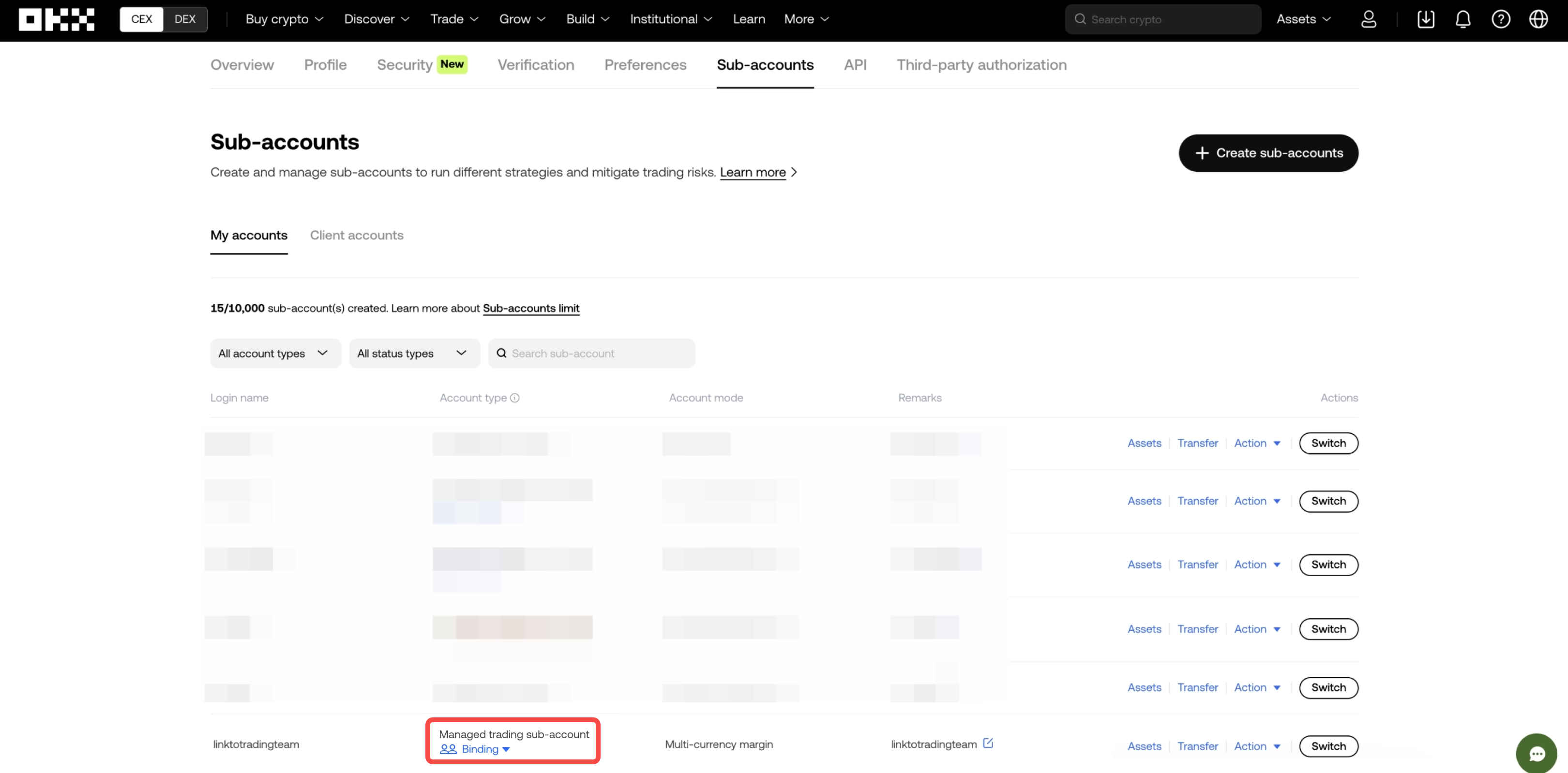 Successful binding to trading team