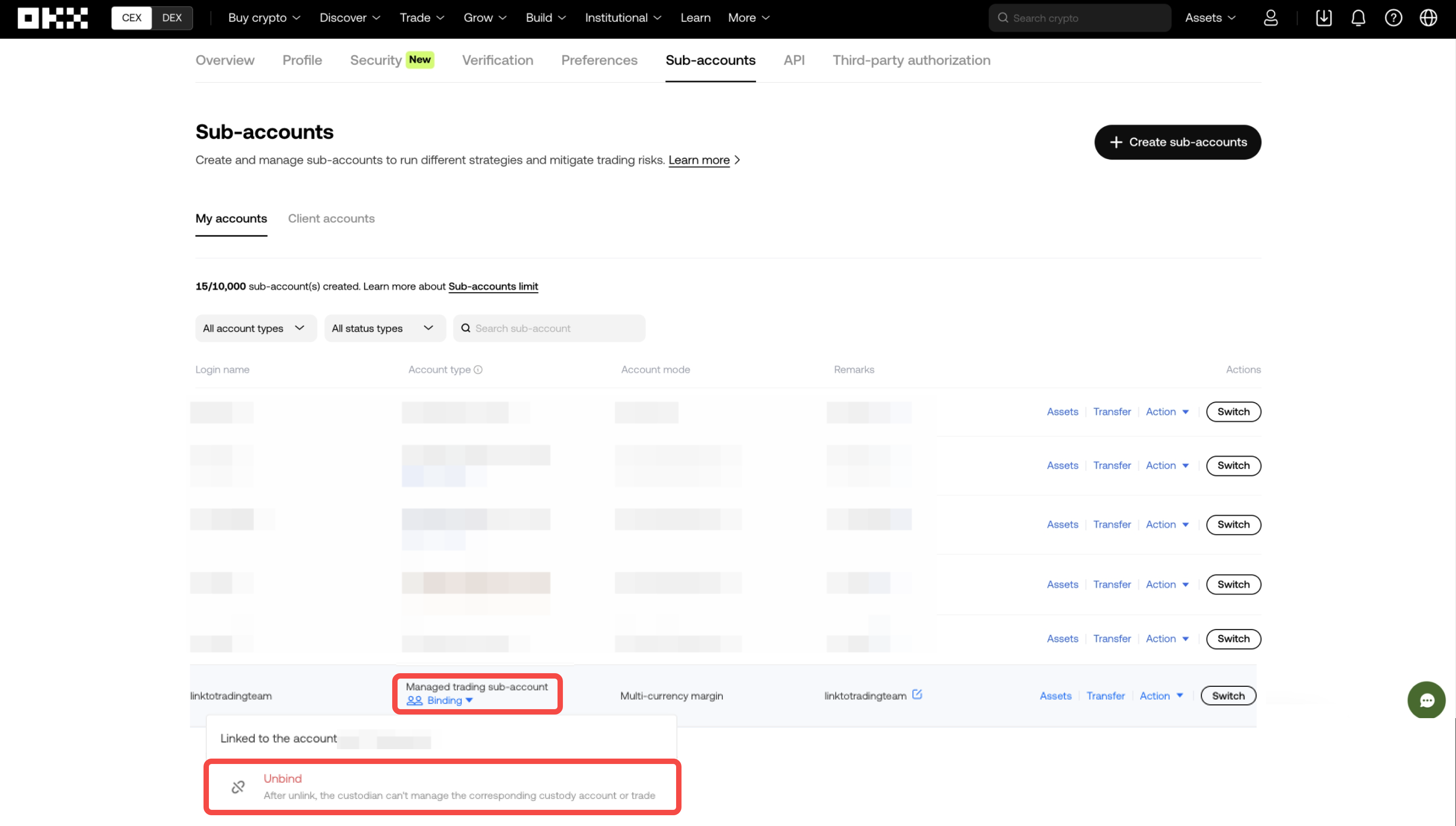 Sub-accounts unbinding