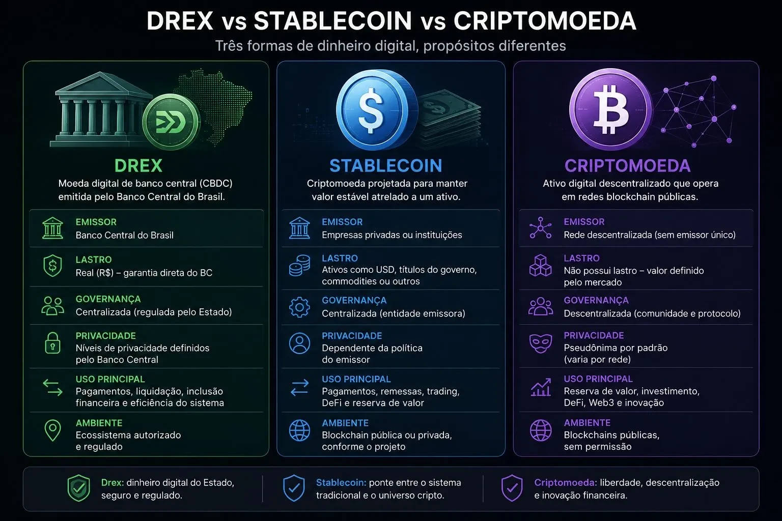 Drex vs stablecoin vs criptomoeda: comparativo visual
