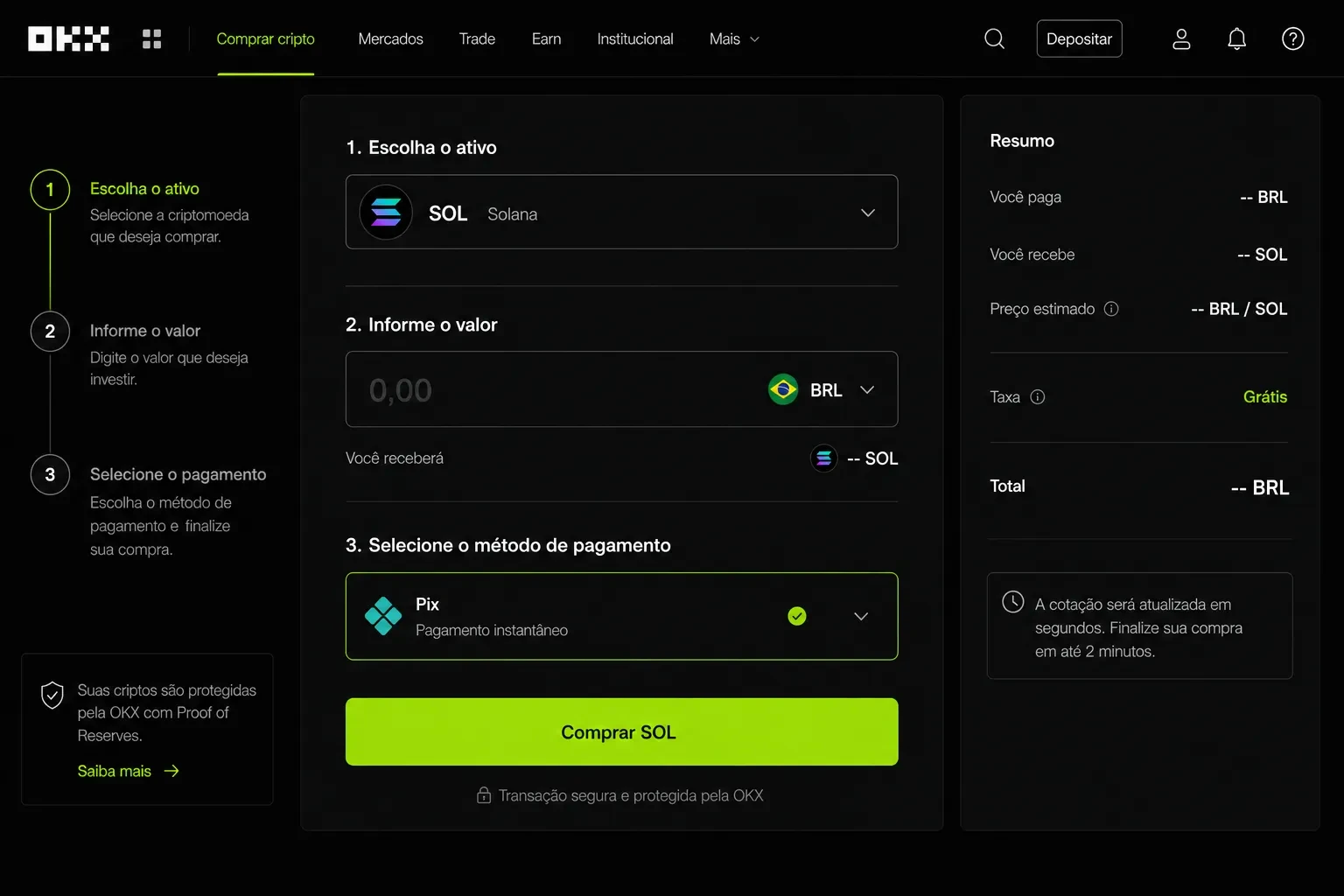 Como comprar Solana (SOL) com Pix na OKX — tela de compra em reais (BRL) passo a passo